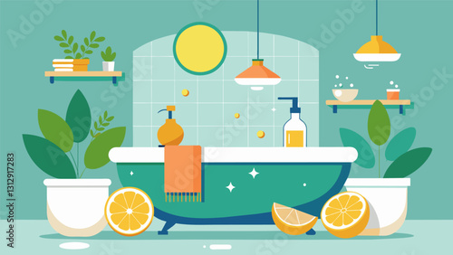 The refreshing aroma of citrus and mint creates a refreshing atmosphere in the bathroom perfect for a rejuvenating bath or shower.. Vector illustration