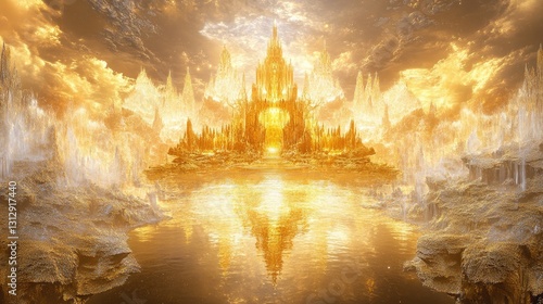 Majestic Golden Castle Surrounded by Glowing Landscape and Reflective Water at Sunset