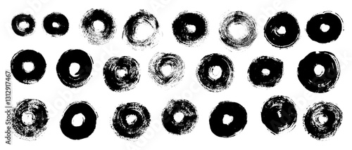 Hand drawn black circles with rough, wide bristle brush, featuring smudged, torn edges. Set of rings of different diameters, drawn carelessly with textured streaks, grainy texture, unpainted mark.