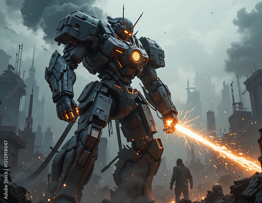 Fototapeta premium Giant Mech Robot in Post Apocalyptic City Artwork