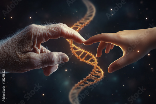 Elderly hand reaching towards a younger hand with a glowing translucent dna helix connecting them, concept of inheritance, genetics, biotechnology