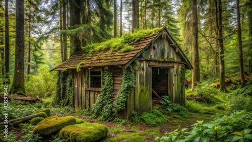 Foto A weathered wooden shack sits precariously in the midst of a dense forest, overg