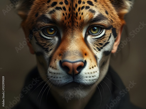 Anthro Jaguar A Close-Up Portrait of a Human-Faced Big Cat with Mesmerizing Eyes, Fur, and Facial Details photo