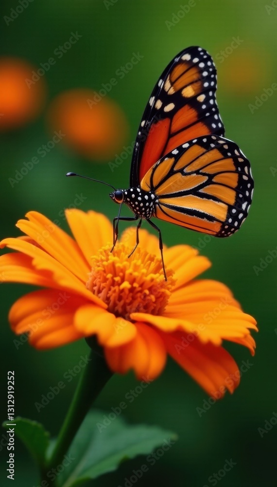 Fototapeta premium Close-up of monarch butterfly sipping nectar from bright orange petals , vibrant color, plant