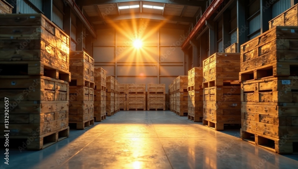 Golden sunlight illuminates stacked pallets in industrial space , architecture, wood Golden sunlight illuminates stacked pallets in industrial space , architecture, wood