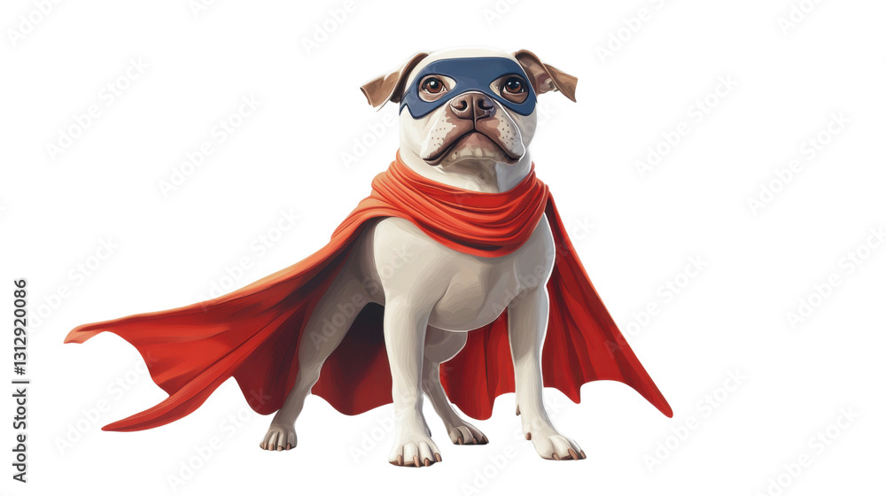 White dog wearing superhero costume with red cape and mask on transparent background White dog wearing superhero costume with red cape and mask on transparent background