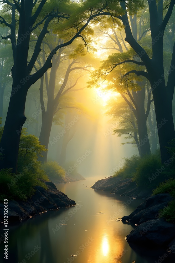 Fototapeta premium Misty Autumn Forest at Sunrise with Soft Sunlight Filtering Through the Trees Phone Wallpaper