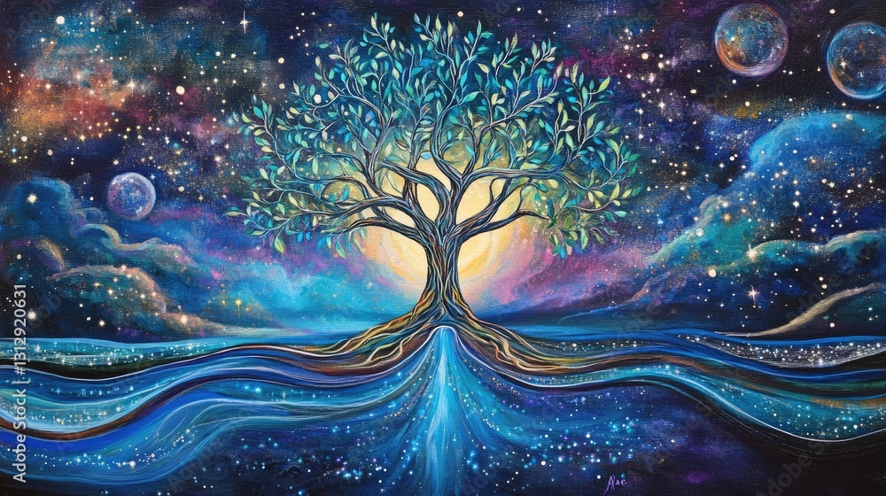 Enchanted Tree of Life in Cosmic Landscape with Colorful Galaxies and Vibrant Night Sky