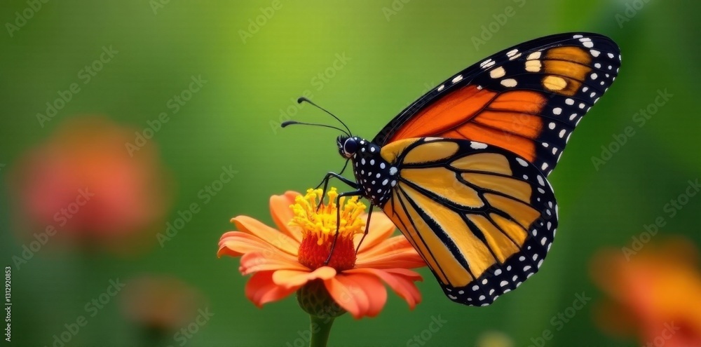 Fototapeta premium Monarch butterfly perched on flower, side view, animal, beautiful, spring