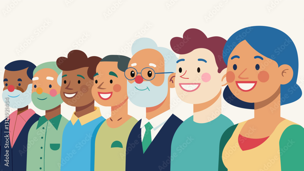 Dozens of smiling faces line up at the free health screenings offered by the elderly farmers who prioritize the wellbeing of their customers above all else.. Vector illustration Dozens of smiling faces line up at the free health screenings offered by the elderly farmers who prioritize the wellbeing of their customers above all else.. Vector illustration