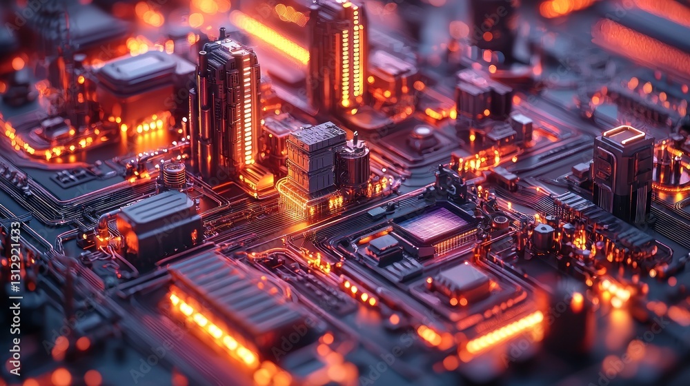 Circuit Board Cityscape with Glowing Orange Lights and Intricate Wiring Circuit Board Cityscape with Glowing Orange Lights and Intricate Wiring