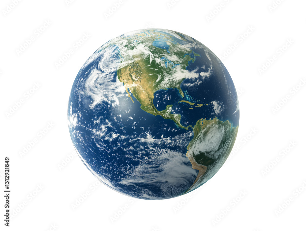 Earth viewed from space showing continents, oceans, and cloud patterns with vibrant colors and clear details