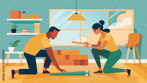 In a sunlit living room a Gen X couple is carefully measuring and sawing pieces of reclaimed wood to construct a unique and personalized bookshelf.. Vector illustration