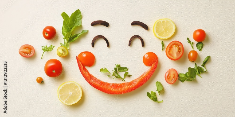 An arrangement of food items shaped to make a smiling face An arrangement of food items shaped to make a smiling face