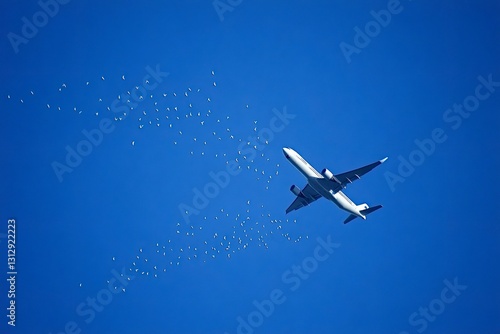 White passenger airplane flying among a flock of birds in a clear blue sky