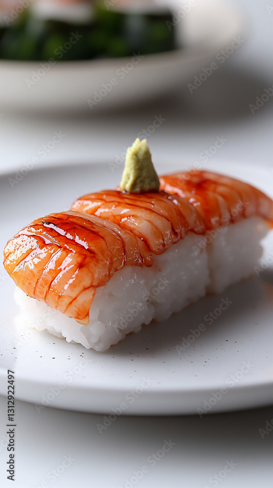 single piece of sakura inari sushi on white plate single piece of sakura inari sushi on white plate