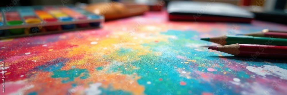 Fototapeta premium Abstract close-up of vibrant art supplies scattered on a desk, painting, artwork, pattern