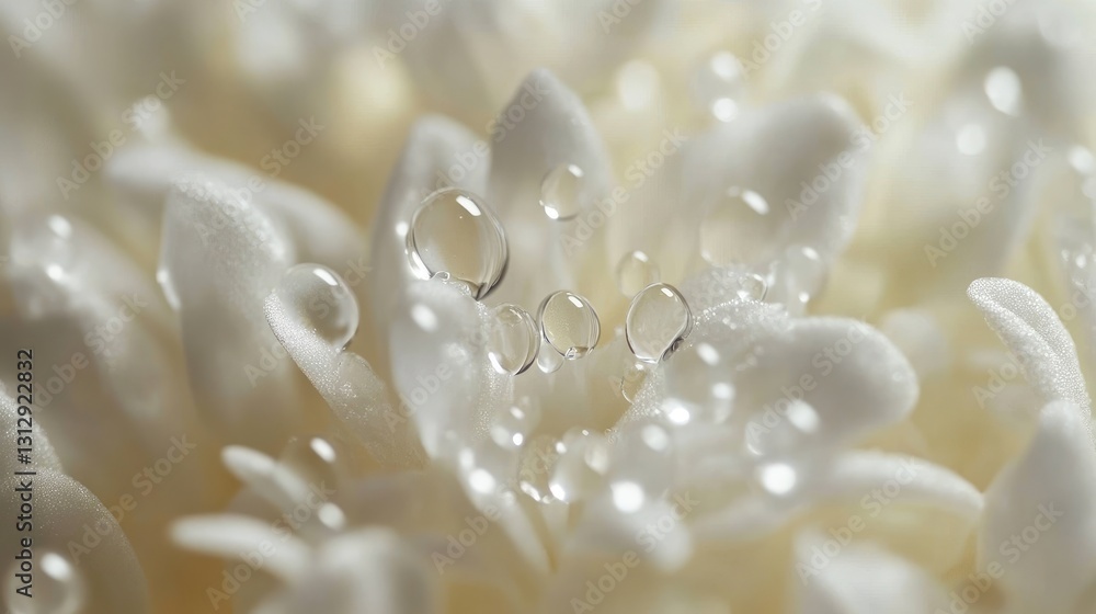 Close-Up of Delicate White Flower Petals with Water Droplets Captured in Soft Lighting Close-Up of Delicate White Flower Petals with Water Droplets Captured in Soft Lighting