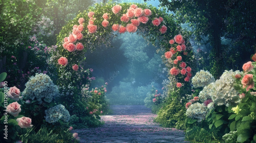 Dreamy Floral Archway with Blooming Roses and Lush Garden Pathway in Soft Morning Light