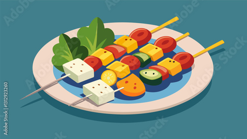 Skewers of marinated vegetables and grilled halloumi cheese add a burst of savory flavors to the mezze spread.. Vector illustration