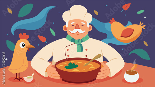 On the menu today is a simple and hearty chicken soup made the oldfashioned way by our elderly chef bringing back memories of comfort and warmth.. Vector illustration