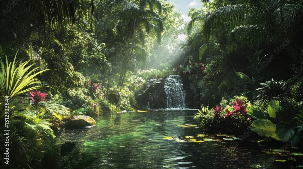 Fototapeta premium Lush Tropical Paradise Waterfall and Pond Scene with Abundant Greenery