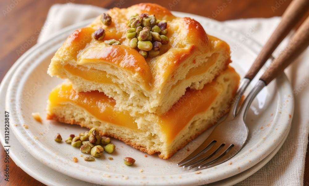 Delicious pastry with pistachios topping Delicious pastry with pistachios topping