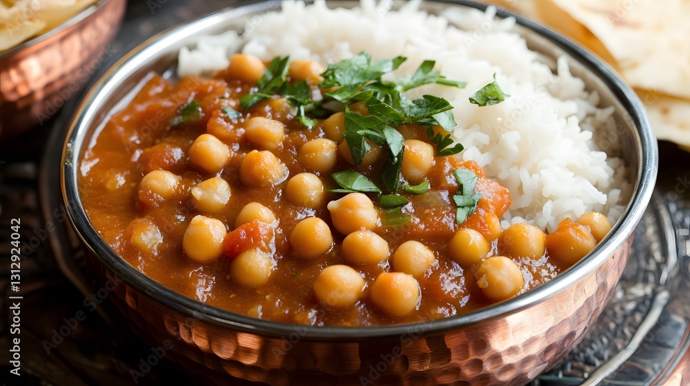 Delicious Chana Masala with Rice in Copper Bowl Delicious Chana Masala with Rice in Copper Bowl