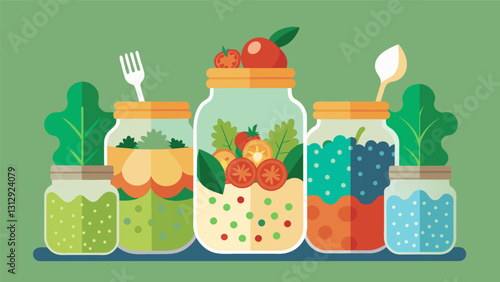 Quinoa salad jars with a variety of tasty toppings providing a balanced and energizing lunch option.. Vector illustration