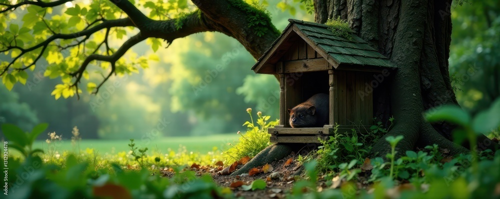 Bat shelter affixed to ancient oak in tranquil woodland , woodland, hanging, green Bat shelter affixed to ancient oak in tranquil woodland , woodland, hanging, green
