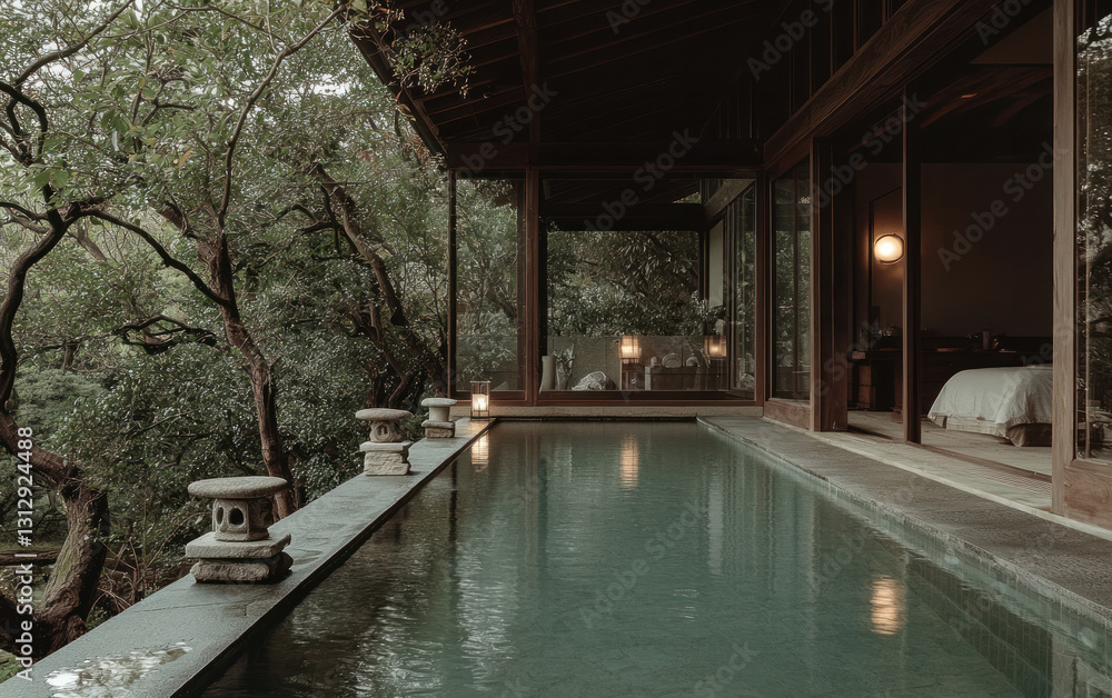 Obraz premium Tranquil Japanese-Style Resort Pool with Lush Greenery