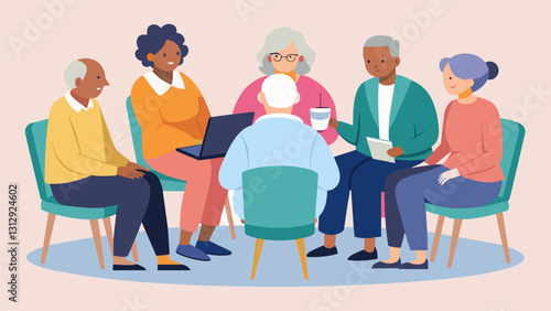 An image of a support group meeting for seniors providing a safe space for them to share their experiences and support one another.. Vector illustration