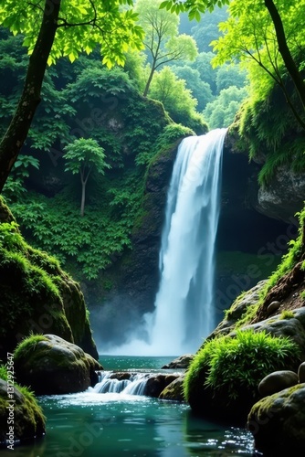 Cascading waterfall, lush green forest, mossy rocks , image, pattern