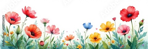 Vibrant watercolor wildflowers, bright palette, nature, watercolor, field