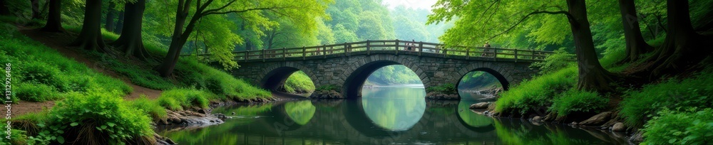 Fototapeta premium Ancient clapper bridge over Barle River, lush green woodland, greenery, footpath