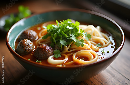 A bowl of Thai boat noodles with beef pork balls bean sprouts and aromatic herbs served in a dark flavorful broth