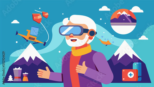 An elderly person using virtual reality to explore different hobbies and interests trying out things they may have always wanted to do but never had the opportunity to like scuba. Vector illustration