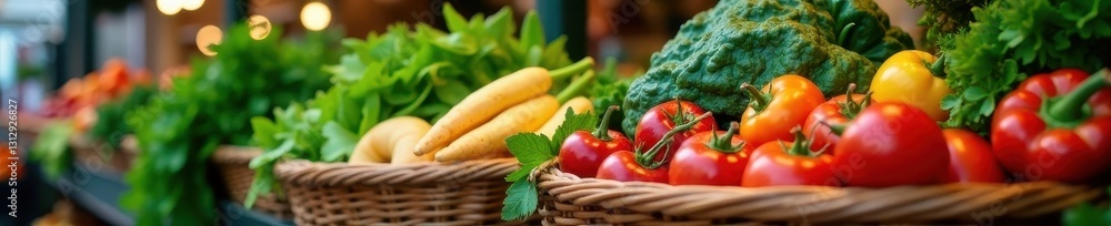 Basket of fresh produce at French market; vibrant greens and colorful vegetables , shopping basket, authentic Basket of fresh produce at French market; vibrant greens and colorful vegetables , shopping basket, authentic