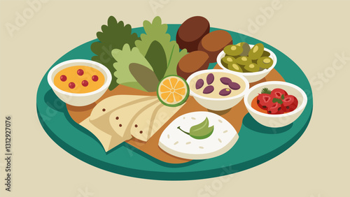 This mezze platter has soing for everyone with a variety of vegetarian options including crispy stuffed g leaves creamy baba ganoush and homemade herb. Vector illustration