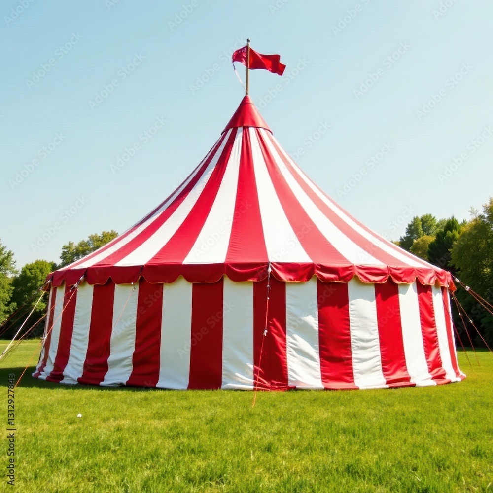 Classic red & white striped circus tent, billowing canvas , party, red white stripes Classic red & white striped circus tent, billowing canvas , party, red white stripes