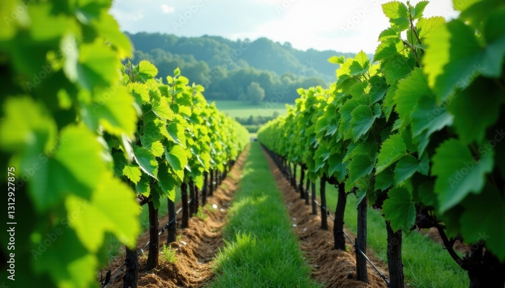 Rain lashed vineyard, vibrant green vines, Ribera del Duero, Spain , Spanish countryside, clouds, image Rain lashed vineyard, vibrant green vines, Ribera del Duero, Spain , Spanish countryside, clouds, image