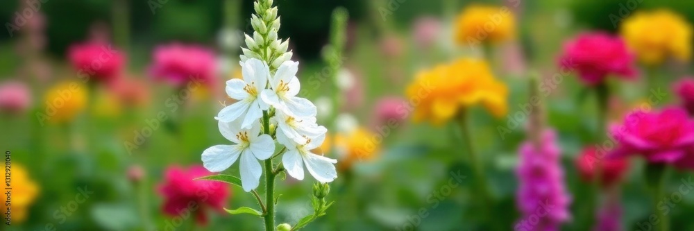Simple white verbascum in a summer garden Roses and salvia provide a colorful backdrop , summer bloom, minimal, plant Simple white verbascum in a summer garden Roses and salvia provide a colorful backdrop , summer bloom, minimal, plant
