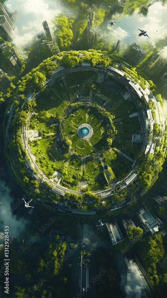 A futuristic circular city with lush greenery and structures inside A futuristic circular city with lush greenery and structures inside