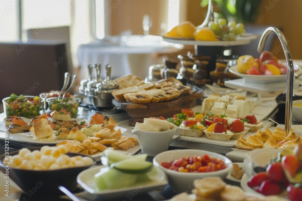 Photorealistic Breakfast Table Setting with Fresh Fruits and Pastries Photorealistic Breakfast Table Setting with Fresh Fruits and Pastries