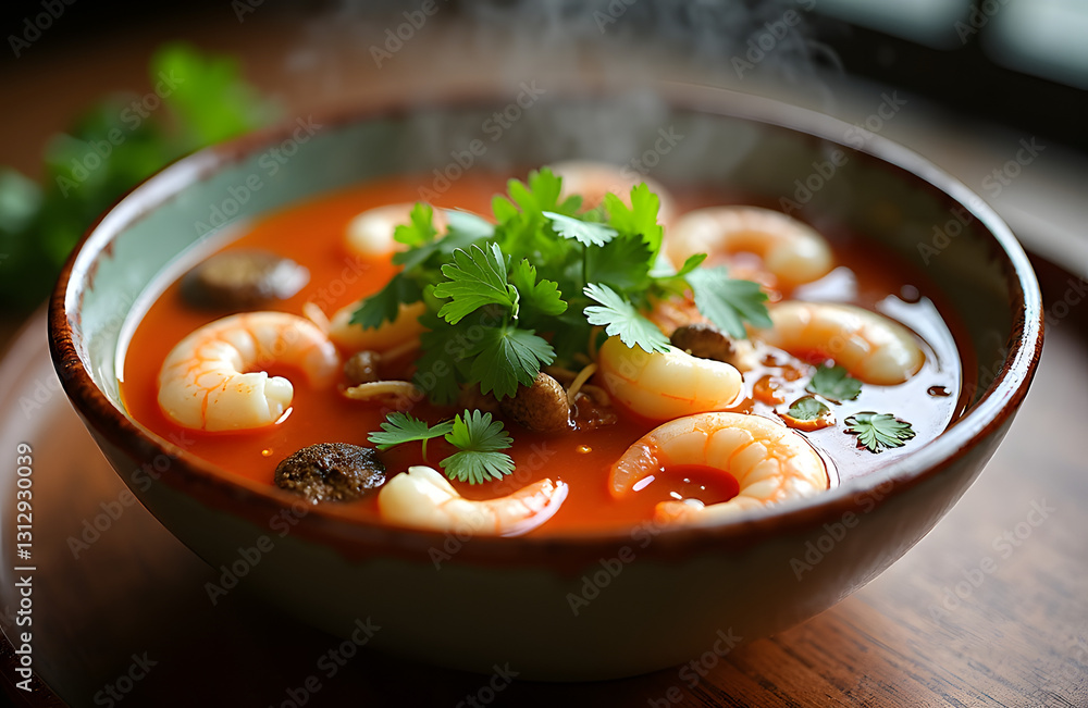 A steaming bowl of Tom Yum soup with shrimp mushrooms and fresh cilantro served in a traditional Thai ceramic bowl A steaming bowl of Tom Yum soup with shrimp mushrooms and fresh cilantro served in a traditional Thai ceramic bowl