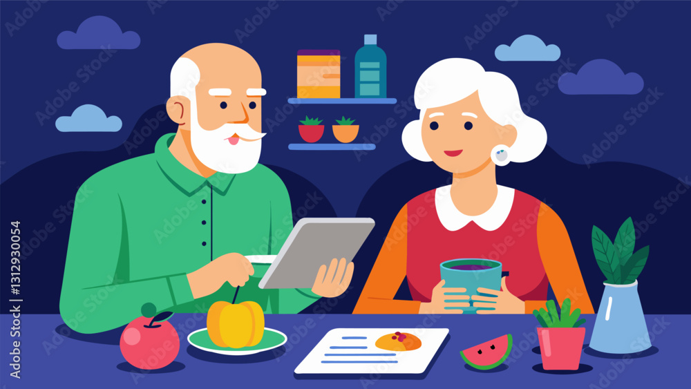 An older couple sitting at their dinner table using a smart assistant to help them make a grocery list and order groceries online.. Vector illustration An older couple sitting at their dinner table using a smart assistant to help them make a grocery list and order groceries online.. Vector illustration