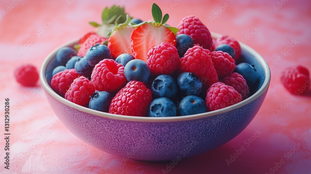 Bowl of fresh mixed berries including strawberries blueberries