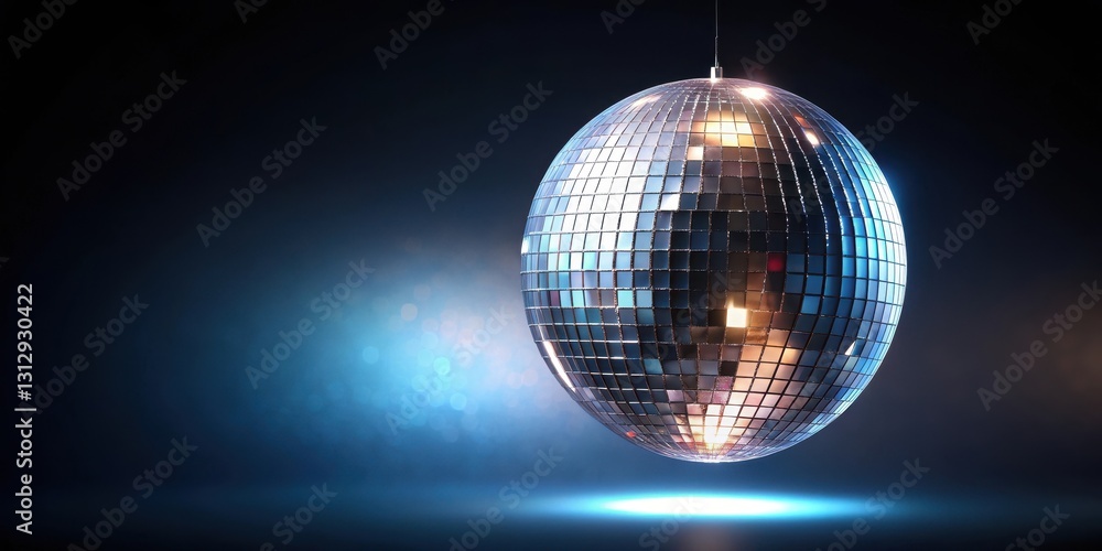 Fototapeta premium Sparkling mirrored sphere suspended in mid-air against a dark canvas, evening ambiance, decoration, evening ambiance