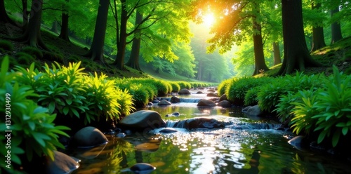 Sun-dappled stream flows through lush green forest, green, clear, cascade photo