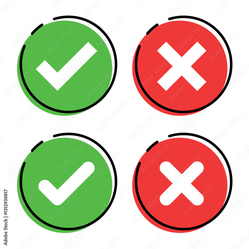 check mark icon button set. vector icons set. check box icon with right and wrong buttons and yes or no checkmark icons in green tick box and red cross. vector illustration check mark icon button set. vector icons set. check box icon with right and wrong buttons and yes or no checkmark icons in green tick box and red cross. vector illustration